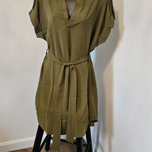 Belted V-Neck Summer Dress - Army Green